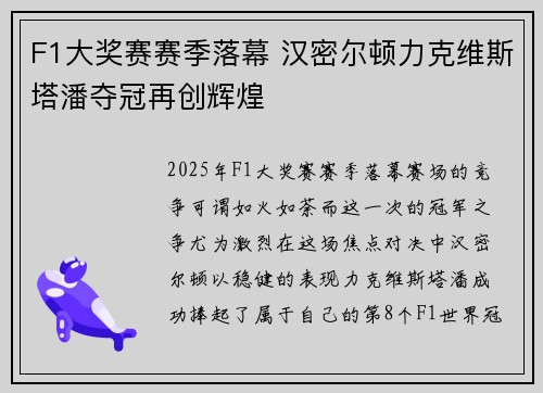 F1大奖赛赛季落幕 汉密尔顿力克维斯塔潘夺冠再创辉煌