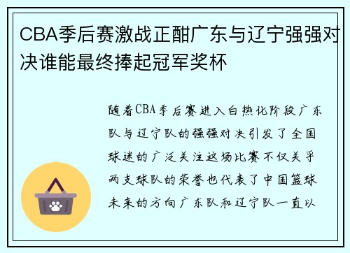 CBA季后赛激战正酣广东与辽宁强强对决谁能最终捧起冠军奖杯