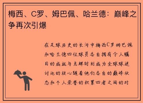梅西、C罗、姆巴佩、哈兰德:巅峰之争再次引爆